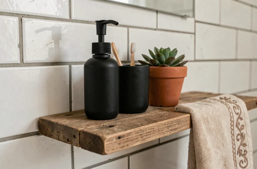 Accessoires de salle de bain modernes en noir mat sur une étagère en bois recyclé devant un carrelage métro blanc rejointoyé
