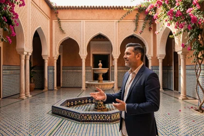 Agent immobilier marocain présentant un riad traditionnel à vendre à Marrakech avec patio en zellige