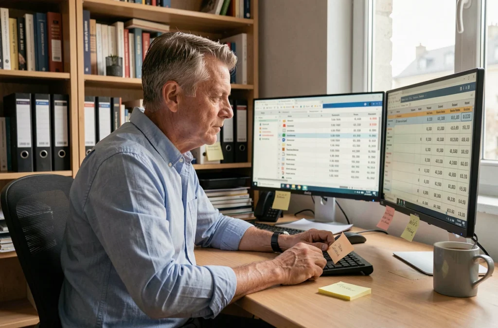 Homme comparant les prix de location de T3 sur ordinateur pour optimiser son budget immobilier 2026