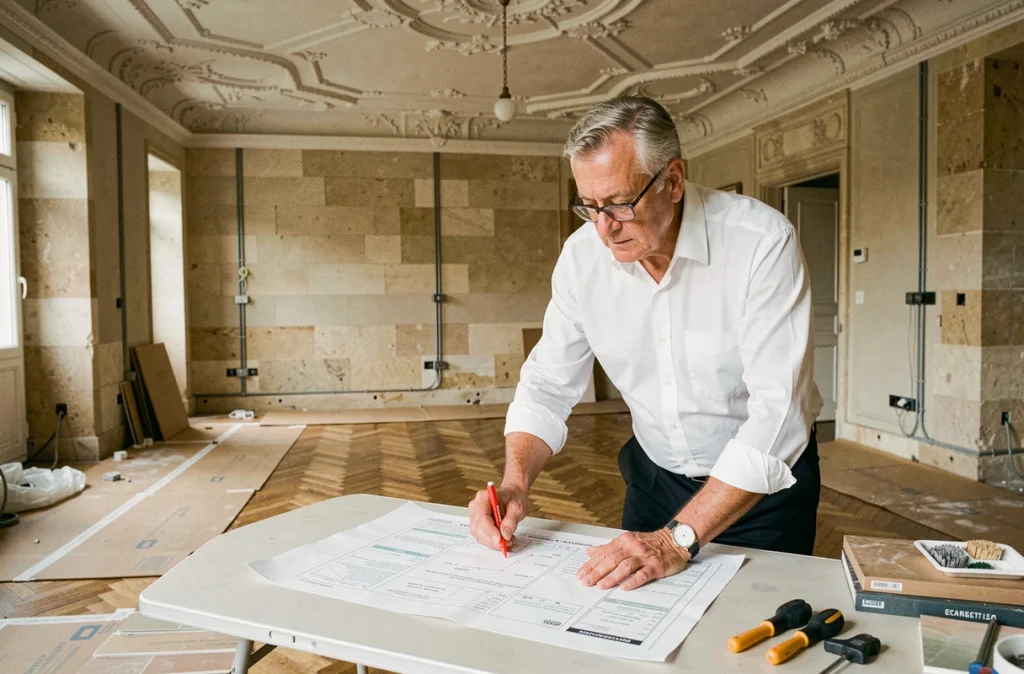 Architecte senior analysant des plans d'accessibilité dans un appartement haussmannien en cours de rénovation