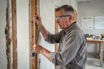 Artisan mesurant la largeur d'une porte lors de la rénovation d'un logement ancien aux normes d'accessibilité