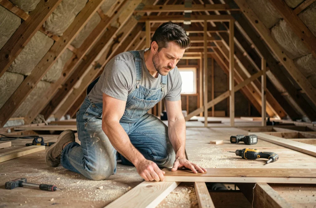Artisan posant un parquet en bois lors de la rénovation d'un grenier en espace de vie