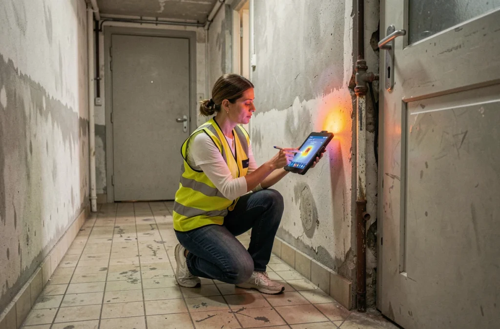 Auditrice énergétique inspectant les déperditions thermiques d'un immeuble ancien avec une tablette de diagnostic