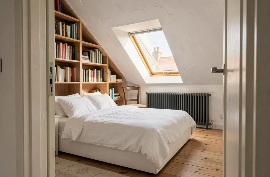 Chambre aménagée dans un grenier avec fenêtre de toit, lit plateforme et bibliothèque intégrée