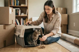 Femme préparant son chat pour un déménagement en le plaçant dans une caisse de transport entourée de cartons