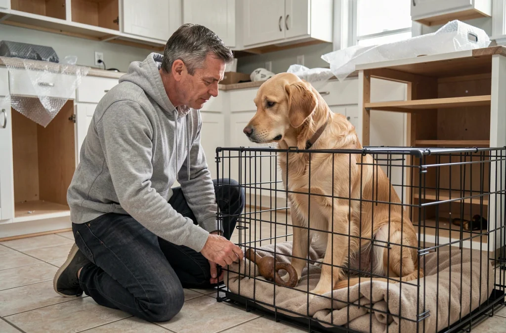Homme rassurant son chien golden retriever installé dans une cage de transport lors d'un déménagement