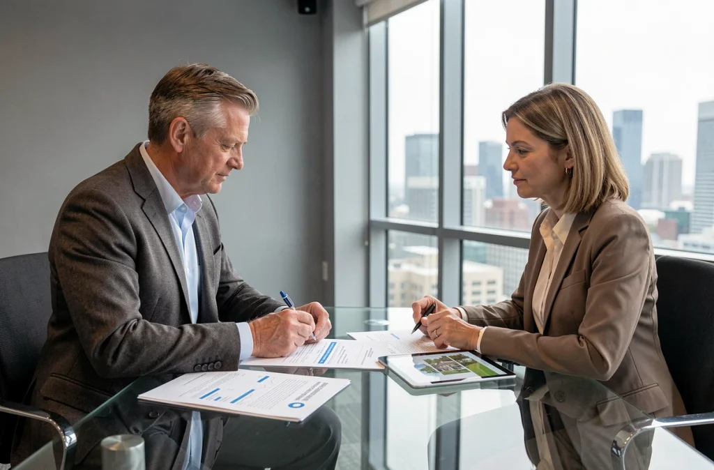 Conseiller fiscal et investisseur immobilier discutant d'une stratégie de déficit foncier en réunion professionnelle