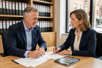 Conseiller en gestion de patrimoine et cliente analysant des documents immobiliers pour une stratégie de nue-propriété et défiscalisation