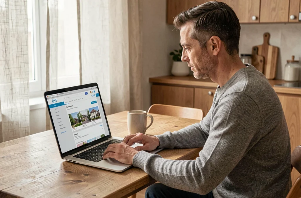 Homme consultant le site DVF immobilier pour estimer la valeur de sa maison gratuitement