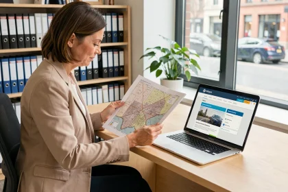 Femme consultant une carte des géorisques sur ordinateur portable dans un bureau de notaire lors d'un achat immobilier