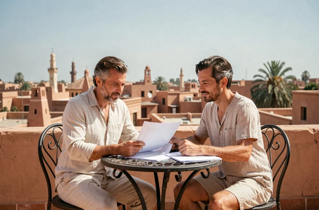 Couple européen examinant une offre d'achat immobilier sur une terrasse avec vue sur la médina de Marrakech