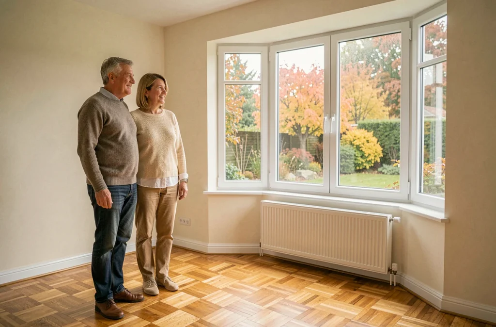 Couple admirant une baie vitrée double vitrage nouvellement installée dans leur salon rénové pour réaliser des économies d'énergie