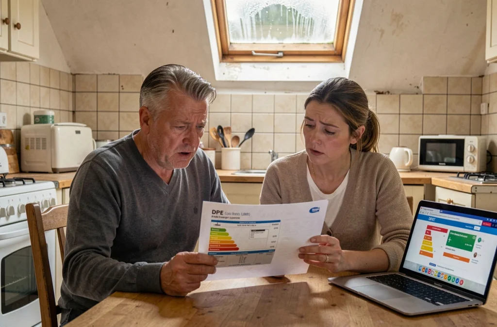 Couple de propriétaires consultant leur étiquette DPE autour d'une table de cuisine avec un ordinateur portable