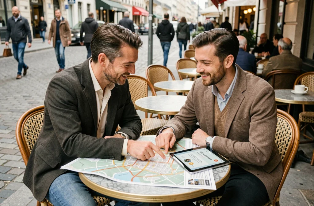 Couple en terrasse de café comparant des annonces de location pour choisir leur quartier idéal