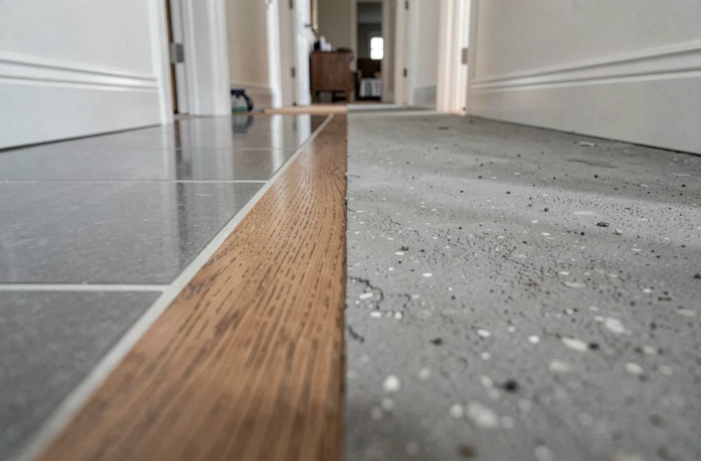 Détail de trois types de revêtements de sol en jonction dans un couloir rénové, carrelage, parquet et béton