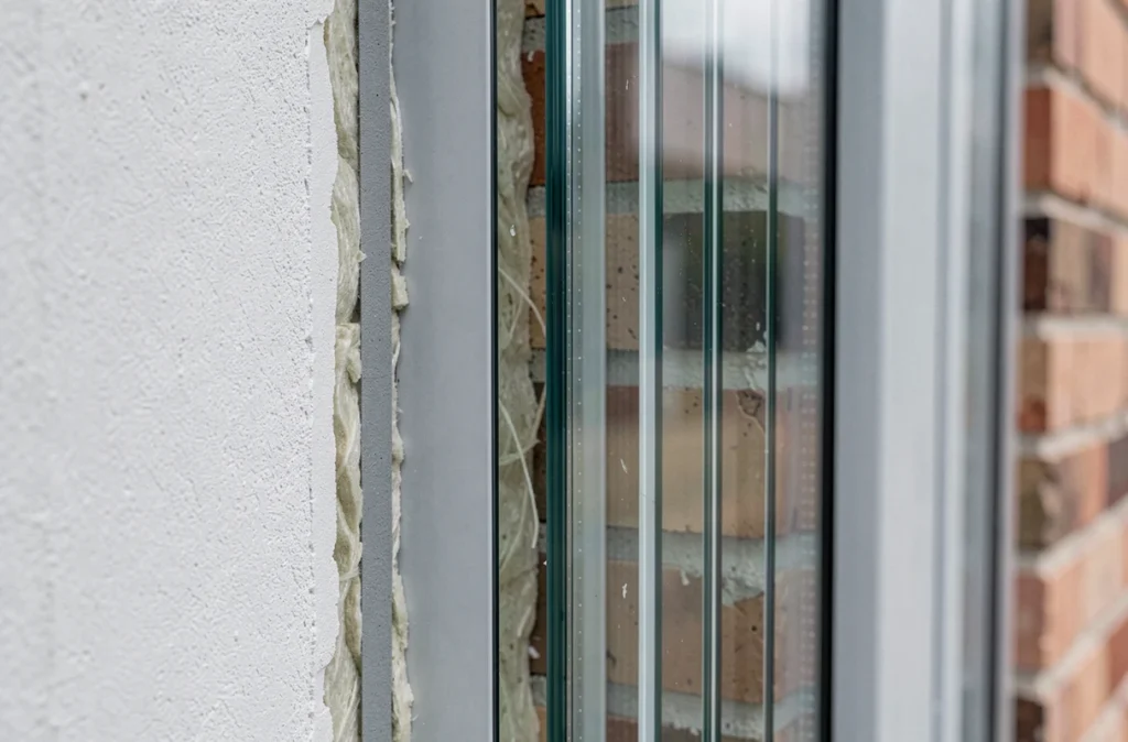 Détail en coupe d'une fenêtre triple vitrage à rupture de pont thermique installée dans un mur isolé pour optimiser les performances énergétiques