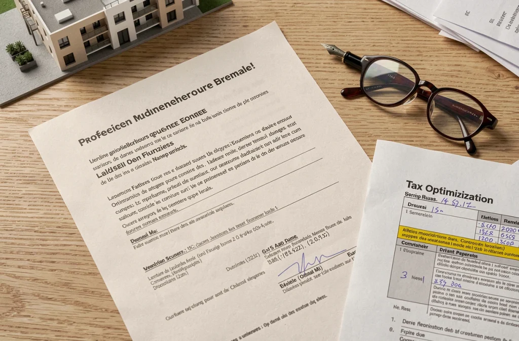Documents de nue-propriété immobilière, acte notarié et rapport de défiscalisation disposés sur un bureau en bois pour illustrer un investissement patrimonial