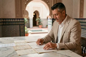 Agent immobilier marocain consultant un dossier de vente de villa dans un riad de Marrakech