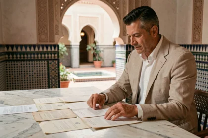 Agent immobilier marocain consultant un dossier de vente de villa dans un riad de Marrakech