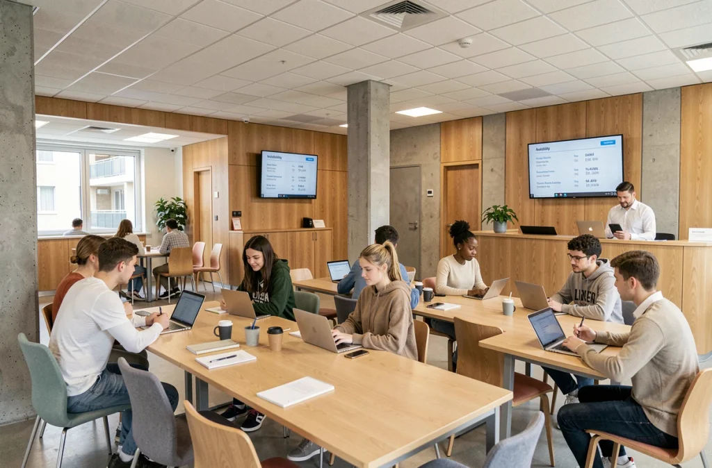 Espace commun moderne d'une résidence étudiante avec des étudiants au travail et un gestionnaire immobilier en arrière-plan