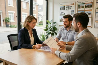 Agent immobilier présentant une estimation de bien immobilier gratuite à un couple dans une agence moderne