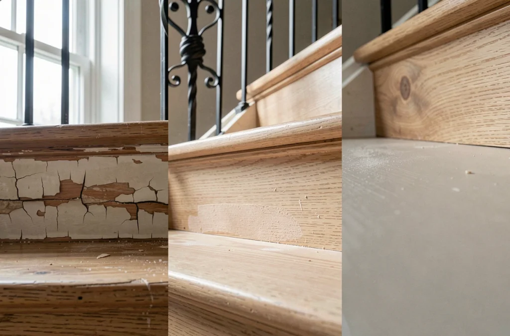Gros plan sur les différentes étapes de rénovation d'une marche d'escalier en bois, du décapage au vernissage