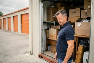 Un homme évalue le contenu d'un box de stockage ouvert lors d'une vente aux enchères dans un centre de self-stockage
