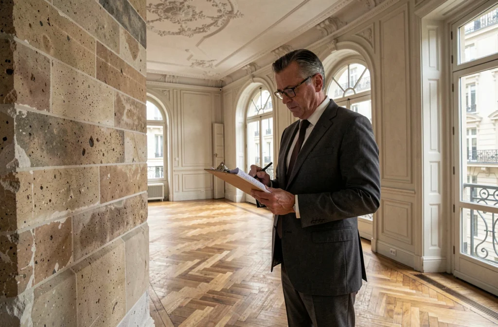 Expert immobilier en train d'évaluer un appartement haussmannien lors d'une estimation professionnelle