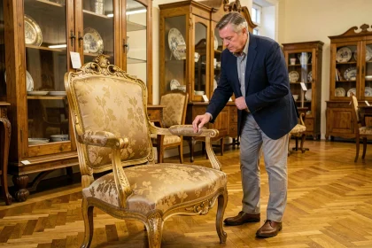 Expert examinant un fauteuil ancien doré dans une salle de ventes aux enchères pour un investissement en mobilier ancien