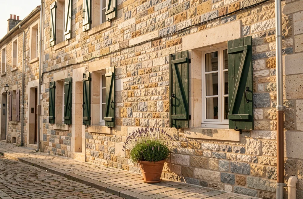 Façade en pierre entièrement rénovée d'une maison de village français avec volets verts et rejointoiement soigné