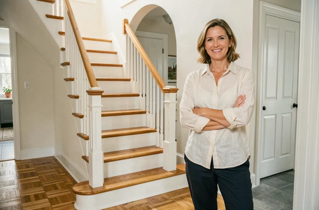 Femme admirant un escalier en bois entièrement rénové avec des marches en chêne et des contremarches peintes en blanc