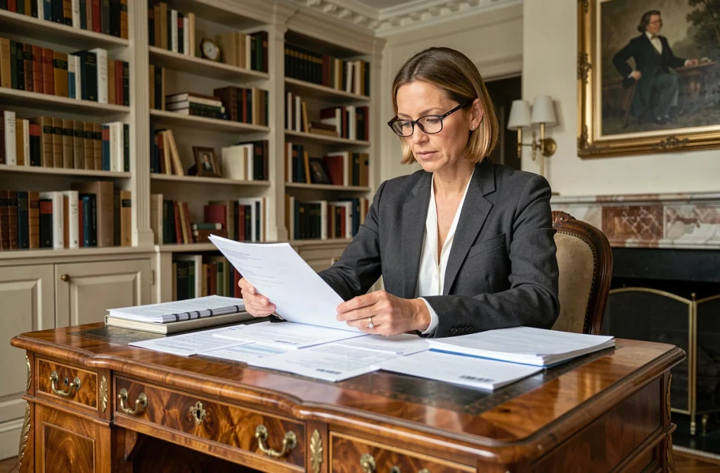 Femme consultant des documents fiscaux sur un bureau ancien Louis XVI dans un appartement parisien