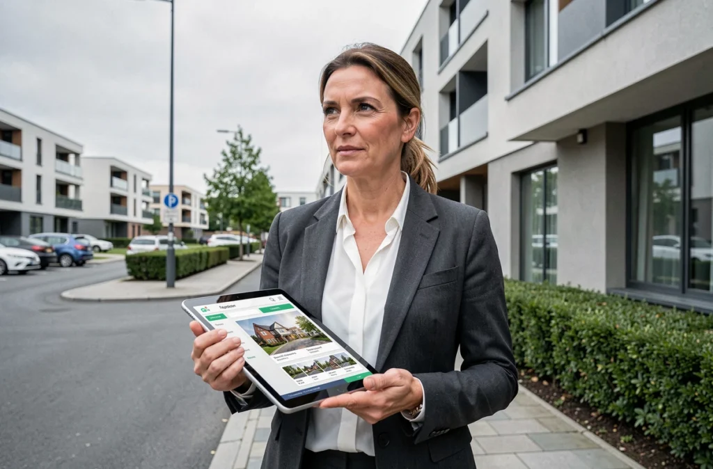 Femme investisseur immobilier devant un immeuble résidentiel moderne consultant son portefeuille sur tablette