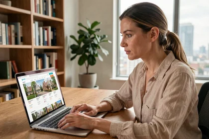 Femme consultant des annonces de location d'appartement sur un ordinateur portable pour trouver un quartier adapté