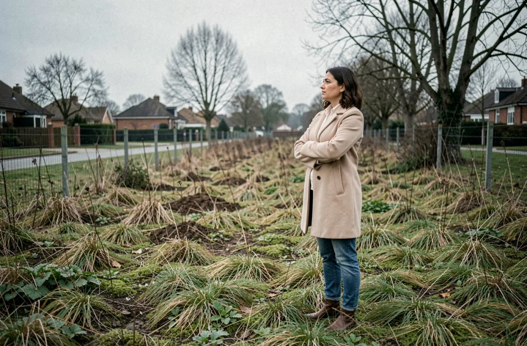 Femme debout au bord d'un terrain vague donné gratuitement, réfléchissant aux implications de l'acceptation