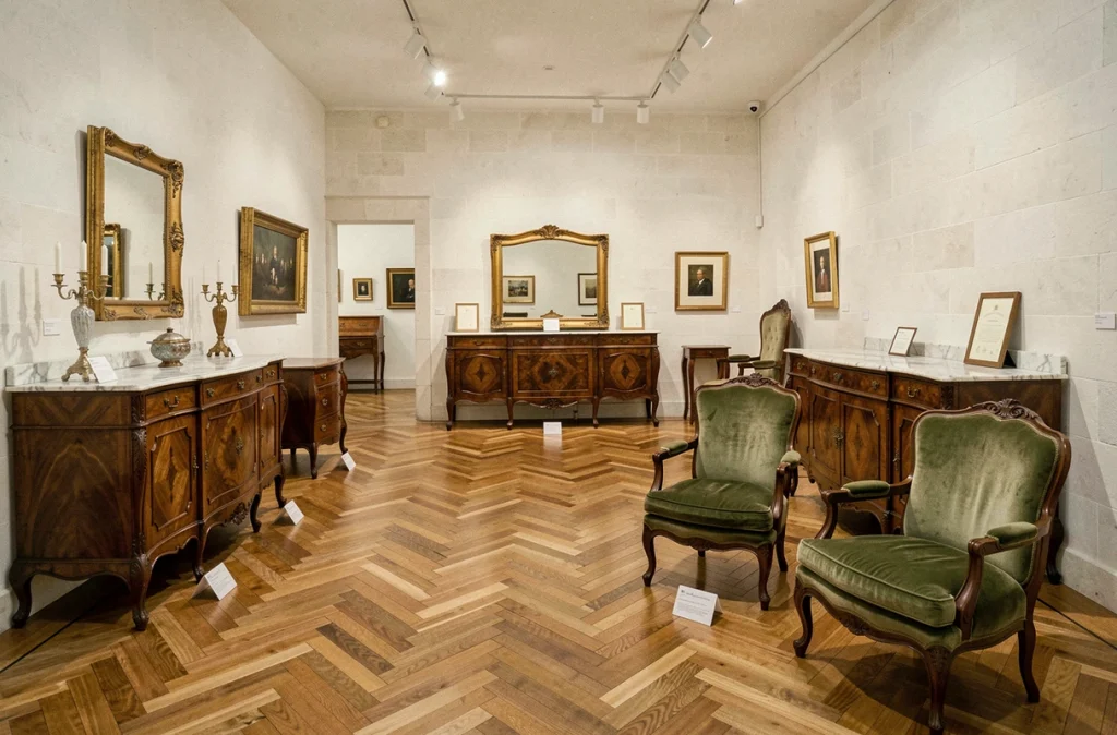 Galerie d'antiquités présentant une collection de mobilier ancien français du XIXe siècle avec certificats de provenance