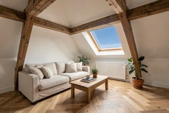 Grenier aménagé en salon lumineux avec poutres apparentes, velux et parquet en chêne