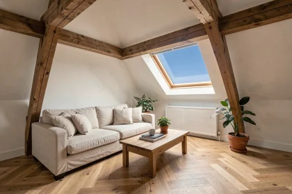Grenier aménagé en salon lumineux avec poutres apparentes, velux et parquet en chêne