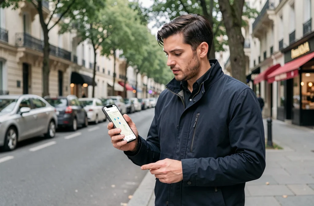 Homme explorant un quartier résidentiel avec une application de recherche de location sur smartphone