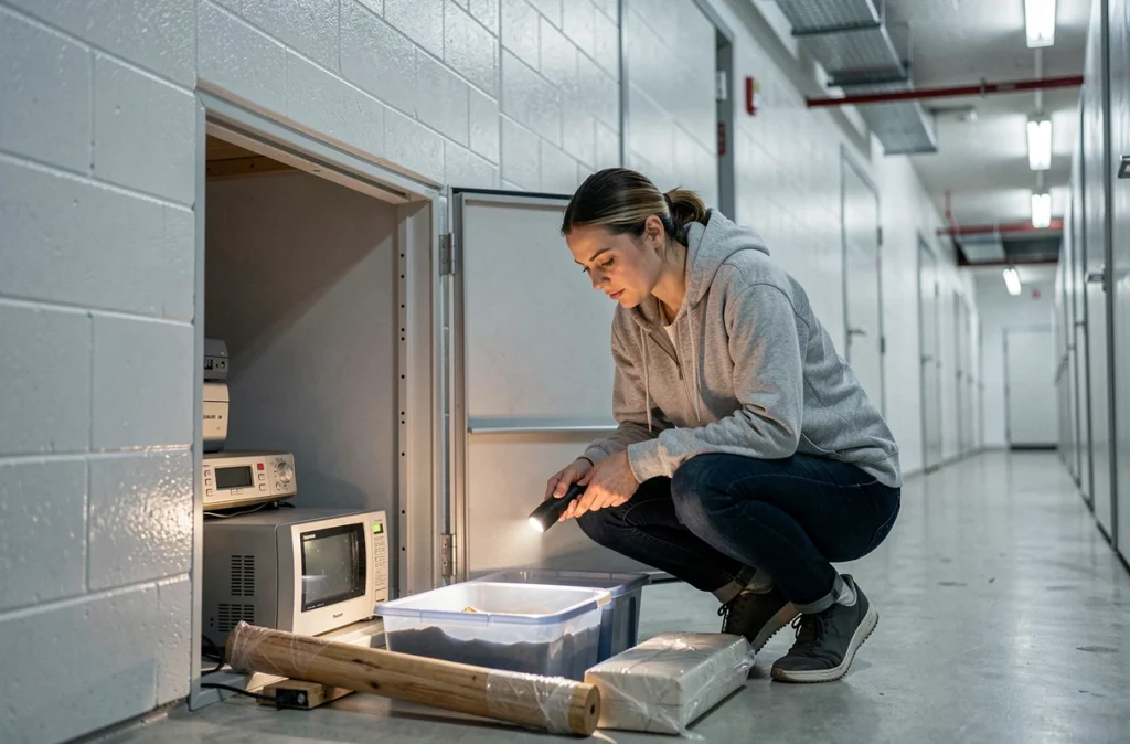 Une femme inspecte attentivement le contenu d'un box de stockage avant d'enchérir, lampe de poche en main