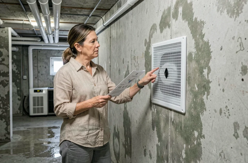 Femme inspectant une grille de VMC installée dans un sous-sol humide pour améliorer la ventilation