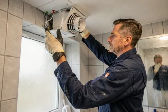 Technicien installant une unité de ventilation mécanique dans une salle de bain pour lutter contre l'humidité