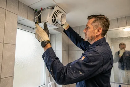 Technicien installant une unité de ventilation mécanique dans une salle de bain pour lutter contre l'humidité