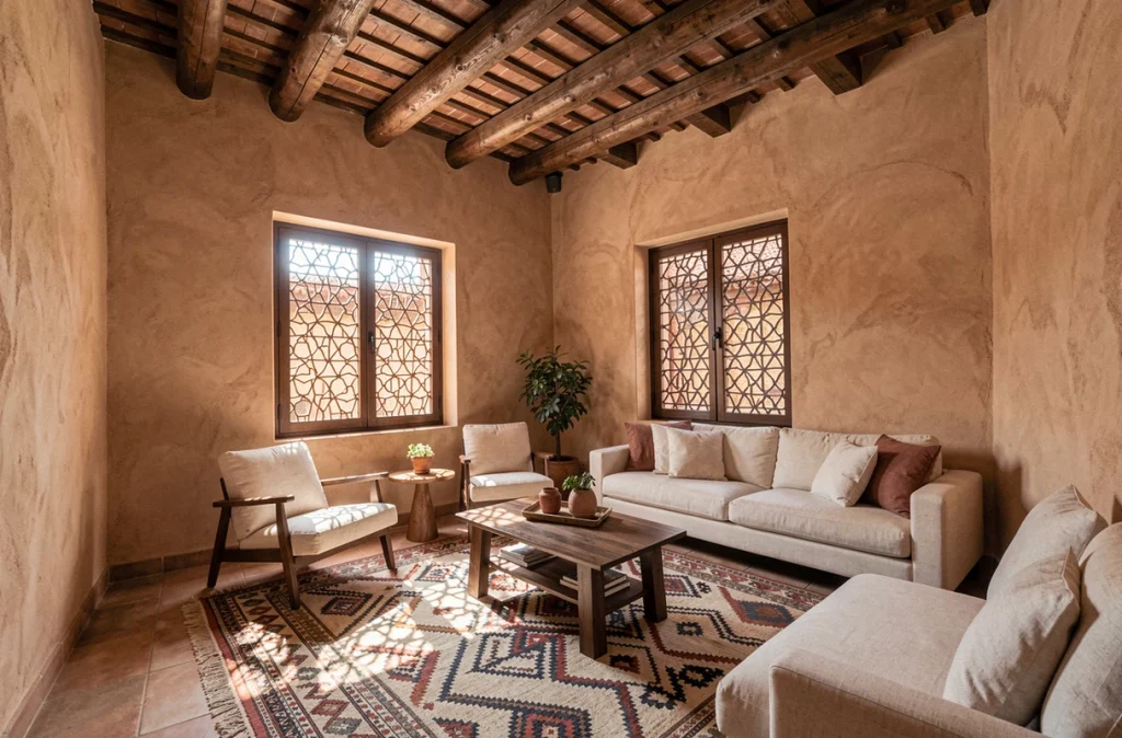 Intérieur rénové d'un appartement marocain abordable à Marrakech avec décor traditionnel tadelakt et moucharabieh