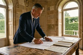 Homme d'affaires consultant des documents fiscaux dans un château historique classé monument historique en France