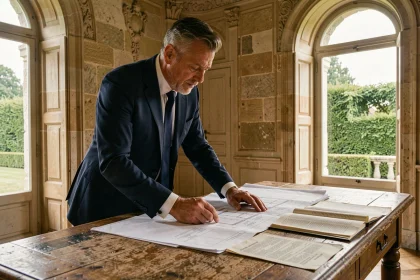 Homme d'affaires consultant des documents fiscaux dans un château historique classé monument historique en France