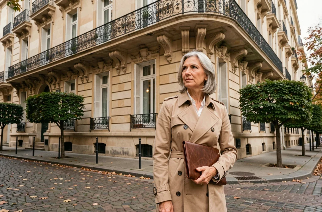 Femme investisseur devant un immeuble haussmannien parisien pour un achat en nue-propriété