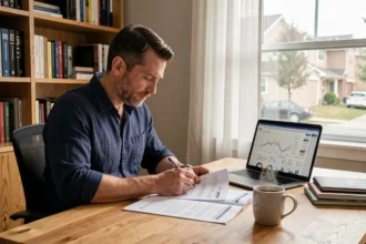 Homme consultant des documents d'investissement immobilier à son bureau à domicile, illustrant la transition de lecteur à investisseur rentable