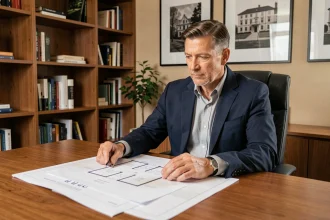 Investisseur immobilier en costume marine analysant des documents de nue-propriété dans un bureau moderne