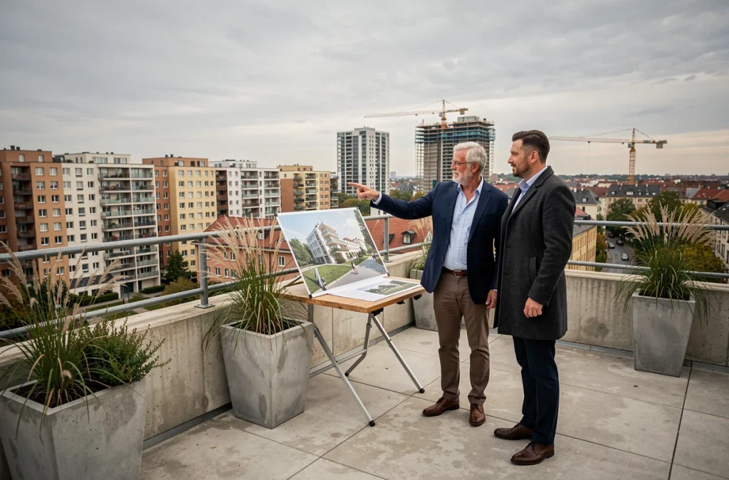 Deux investisseurs immobiliers discutant d'un projet de résidence étudiante sur le toit terrasse d'un immeuble urbain